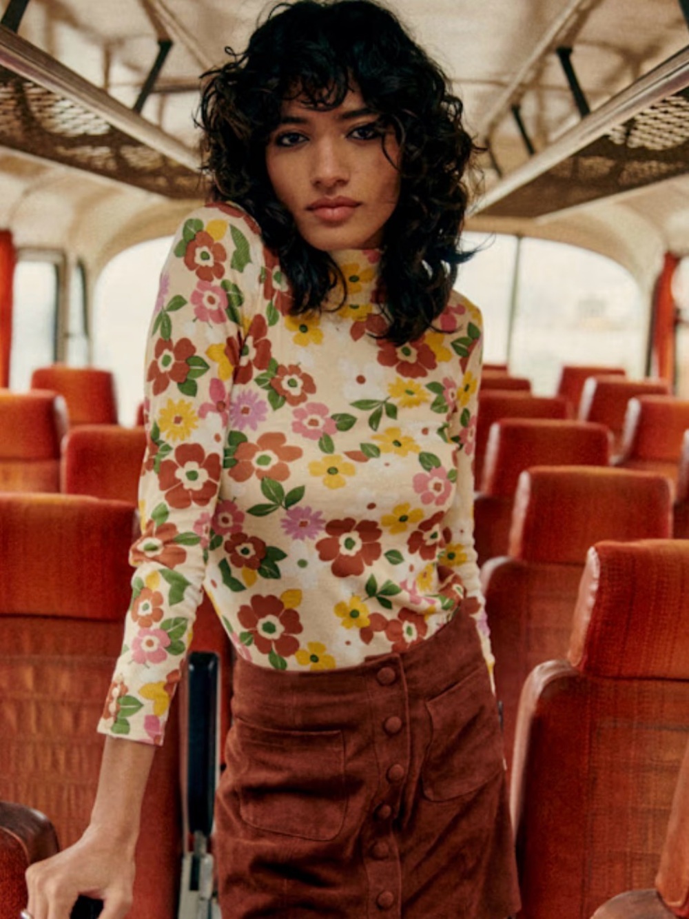 Sezane Retro Floral Mock Neck Thermal Top Long Sleeve-M